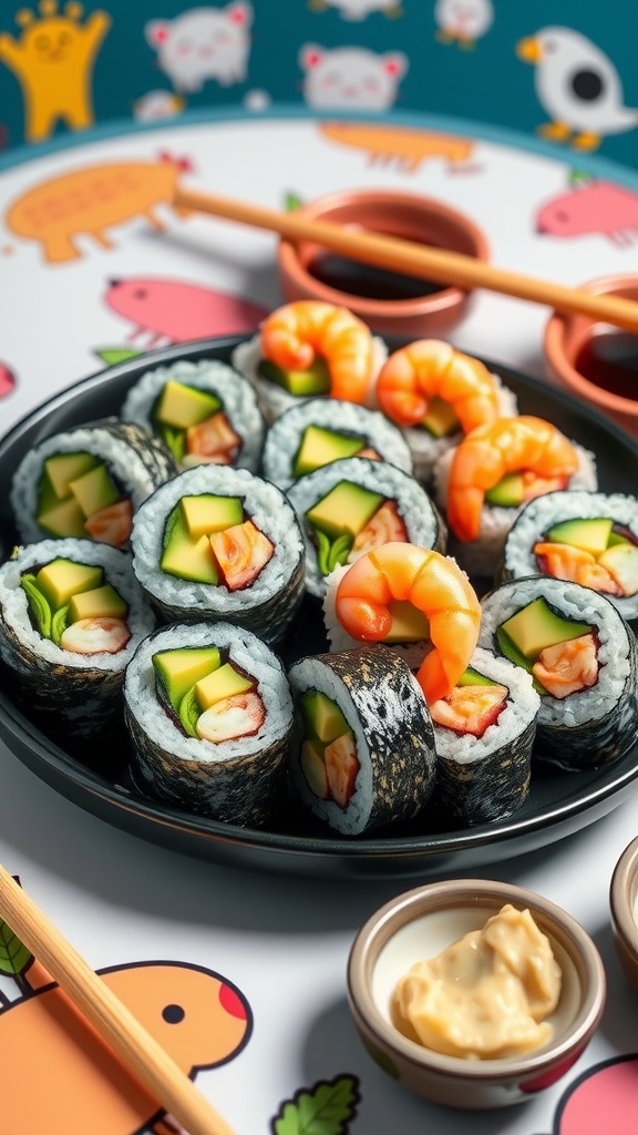 A colorful assortment of sushi rolls with avocado, cucumber, and shrimp on a playful table setting, accompanied by soy sauce and wasabi.
